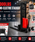 Rock Solid 6000 Lbs Heavy Duty Semi Electric Pallet Stacker With Adjustable Steel Forks, Massive 118 Walkie Lift Height For Warehouse And Factory Work with safety net.