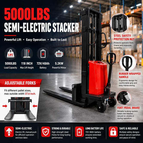 Rock Solid 6000 Lbs Heavy Duty Semi Electric Pallet Stacker With Adjustable Steel Forks, Massive 118 Walkie Lift Height For Warehouse And Factory Work with safety net.