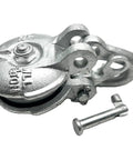Heavy Duty Yarding Block With Shackle And Pin For Rigging And Lifting 1.5 To 6 Ton Capacity 3 Inch Sheave Silver Painted Finish Grease Zerk Ready Cable Size One Quarter Inch Beefy Rigging Gear For Lifts And Hauling, silver block with pin
