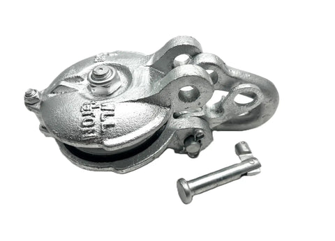 Heavy Duty Yarding Block With Shackle And Pin For Rigging And Lifting 1.5 To 6 Ton Capacity 3 Inch Sheave Silver Painted Finish Grease Zerk Ready Cable Size One Quarter Inch Beefy Rigging Gear For Lifts And Hauling, silver block with pin