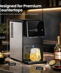 Smooth Crew Countertop Nugget Ice Maker With Tap On Dispenser, stainless steel design, dispensing ice into glasses with lemon.