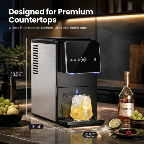Smooth Crew Countertop Nugget Ice Maker With Tap On Dispenser, stainless steel design, dispensing ice into glasses with lemon.