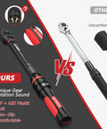 Comparison of Three Eighths Inch Drive Torque Wrench Beefy With Ten To One Hundred Foot Pounds Range Click Type Seventy Two Tooth Ratchet ABS And TPR Grip vs standard wrench.