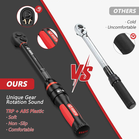 Comparison of Three Eighths Inch Drive Torque Wrench Beefy With Ten To One Hundred Foot Pounds Range Click Type Seventy Two Tooth Ratchet ABS And TPR Grip vs standard wrench.