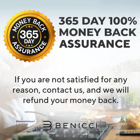 365 day money back assurance badge with kitchen background
