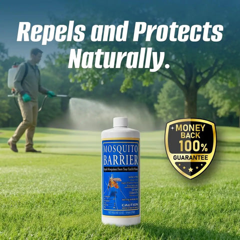 Liquid Garlic Mosquito Repellent Concentrate For Yards And Lawns bottle on grass with person spraying in background.