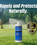 Liquid Garlic Mosquito Repellent Concentrate bottle on lawn with person spraying outdoors, 32 Fl Oz Pack of 2, Easy Water Mix.