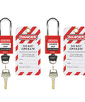 2 Pack Lockout Tagout Locks with Red LOTO Tags Kit Keyed Alike 2 Keys Per Lock Safety Padlocks OSHA Compliant Do Not Operate Danger Tags for Industrial Safety, showing two red padlocks with attached danger tags and two keys per lock.