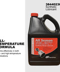 Front view of Ingersoll Rand All Season Select synthetic lubricant bottle, 5L, black plastic jug with red cap