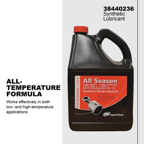 Front view of Ingersoll Rand All Season Select synthetic lubricant bottle, 5L, black plastic jug with red cap