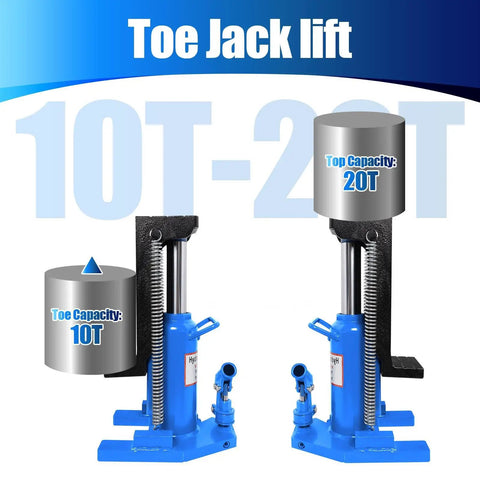 Workhorse Hydraulic Toe Jack That Makes Lifting Hefty Loads Feel Like No Sweat Up To 20 Ton Capacity Smoothly Adjusts From 12 To 18 Inches, 10T and 20T capacity displayed.