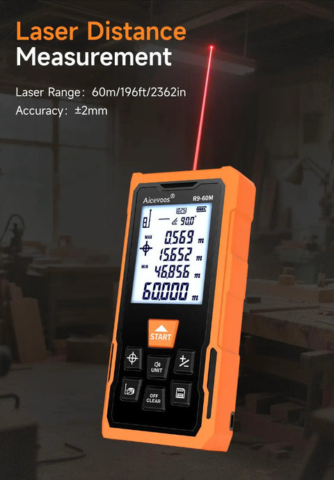 60m Laser Distance Measure With Backlit Screen And Cross Laser, Digital Tape Conversion, 196ft Range, Electronic Angle And Area Volume Calculator For DIY Renovations And Pro Jobs, Shop Ready And Handy, orange handheld laser meter