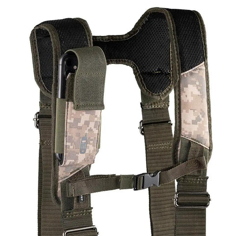 Three Bag Tool Bag Set With Suspenders In Digital Camo, Heavy Duty LoadBear Stretch Suspension, showing phone pocket detail