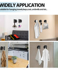 Two Pack Stainless Steel Black Matte Towel Hooks For Wall Mount And Door Hanger, shown in various home settings.