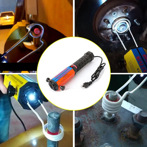 Handheld Magnetic Induction Heater for rusted screws and bolts removal with 3 coils 110V 1300W in use on metal surfaces.