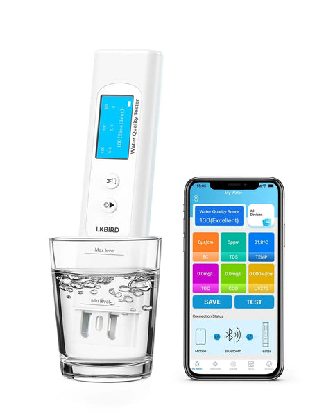 Six In One Smart Water Tester For Drinking Water With App Monitoring Digital Water Testing Kit For TDS EC Temperature TOC COD UV275 Home Well Tap And Outdoor Water Quality Tester next to smartphone app display.