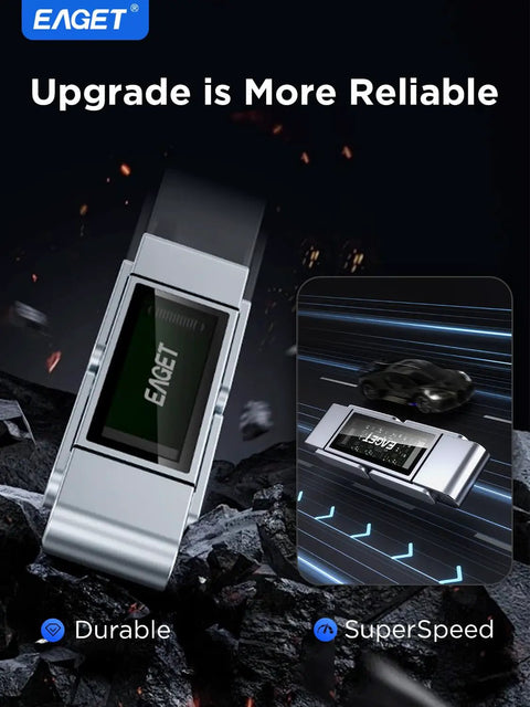 512GB USB C Dual Port USB 3.2 High Speed Flash Drive With 560MB/s Transfer, metal body, displayed on rocky background.
