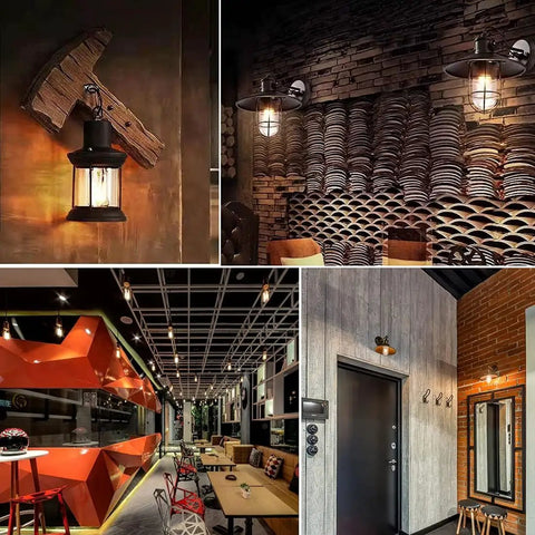 Dimmable T45 LED Edison Bulbs 2700K Warm White, antique-style lighting in various modern and rustic interior settings.