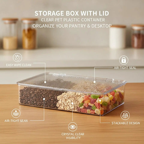 Clear Pet Storage Bin Kick Clutter To The Curb In Style Slick Transparent Plastic Organizer For Pantry Snacks And Desk Essentials Stackable Home Solution To Keep Your Setup Lookin Legit with lid showing contents like beans and snacks.