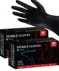Hand wearing Nitrile Disposable Gloves 4 Mil, 200 Count, Powder Free and Latex Free, boxes visible