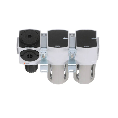 Front view of StageAir Drying System With 5 Micron Particulate Filter And 0.3 Micron Coalescing Filter Plus One Half Inch NPT Air Pressure Regulator.