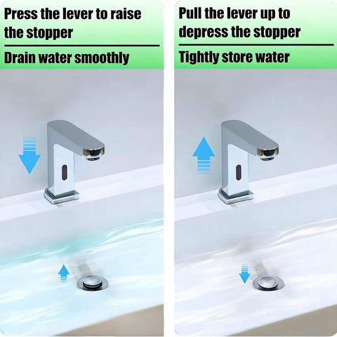 2 Pack Chrome Bathroom Sink Ball Drain Stopper Kit With Smooth Pivot Rods, usage instructions for raising and lowering the stopper.