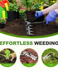 Close-up of Weeding Rake 2.0 Workhorse Garden Weeder Tool with carbon steel teeth loosening soil around plants in a garden.
