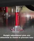 Lightweight Aluminum Jack Stands With Removable Locking Pins 3 Ton Capacity Pair Red And Silver in use under vehicle