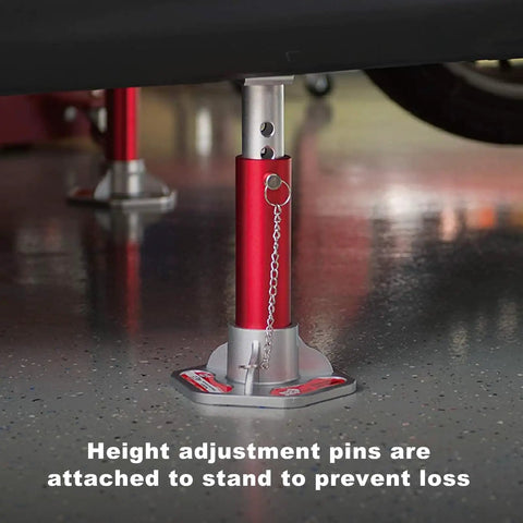Lightweight Aluminum Jack Stands With Removable Locking Pins 3 Ton Capacity Pair Red And Silver in use under vehicle