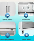 Top Shelf 78 Inch Triple Door Reach In Freezer 72 Cubic Feet Stainless Steel showing built-in handle, cooling fan, digital display, and break wheel.