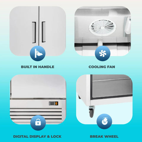 Top Shelf 78 Inch Triple Door Reach In Freezer 72 Cubic Feet Stainless Steel showing built-in handle, cooling fan, digital display, and break wheel.