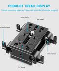 Camera Base Plate With 15mm Rod Clamp Rail Block for Tripod and Shoulder Rigs, Dual Aluminum Plates, 1/4-20 and 3/8-16 Screw Compatibility, Adds Solid Accessory Mount Holes for Cages, Monitors, Microphones, and More. Black aluminum camera base plate with 15mm rod clamps, 1/4 and 3/8 threads