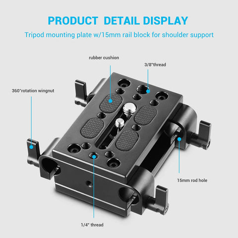 Camera Base Plate With 15mm Rod Clamp Rail Block for Tripod and Shoulder Rigs, Dual Aluminum Plates, 1/4-20 and 3/8-16 Screw Compatibility, Adds Solid Accessory Mount Holes for Cages, Monitors, Microphones, and More. Black aluminum camera base plate with 15mm rod clamps, 1/4 and 3/8 threads