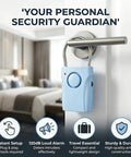 Two Pack Door Handle Alarm With Vibration Sensor, 120dB Siren, Alerts Up To 650 Feet, Easy Install On Any Door, Choose Off, Alarm, Or Doorbell Mode, Deters Intruders And Lets You Monitor Kids Or Patients. Blue plastic door handle alarm on bedroom door