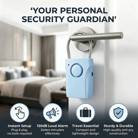 Two Pack Door Handle Alarm With Vibration Sensor, 120dB Siren, Alerts Up To 650 Feet, Easy Install On Any Door, Choose Off, Alarm, Or Doorbell Mode, Deters Intruders And Lets You Monitor Kids Or Patients. Blue plastic door handle alarm on bedroom door