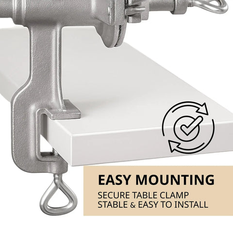 Manual Hand Crank Grain Mill Grinder For Fresh Flour In Minutes With Durable Iron Construction And Clamp Handle For Easy Home Use Perfect For Grinding Corn Wheat Nuts And Other Grains In A Compact Silver Design, shown clamped to a white tabletop.
