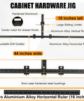Precision Aluminum Twin Ruler Cabinet Hardware Jig, 44 And 16 Inch Drill Guide Template with adjustable drill guides and rulers.