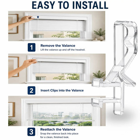 Installing Twenty Piece Set Of Clear Rear Groove Valance Clips For Blinds With One Seven Eight Inch in three steps with tools.