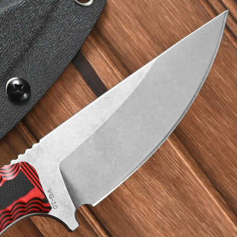 Close-up of the VG10 steel blade and red two-tone G10 handle of the Fixed Blade Knife With VG10 Steel, Two Tone G10 Handle, Full Tang
