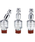 Three Pack 1/4 Inch Swivel Air Tool Fittings With 360 Degree Rotatable Quick Connect MNPT Plugs For Air Compressors, Industrial Pneumatic Adapters, Durable 1/4 Inch NPT Male Threads. Three chrome fittings shown, one angled.