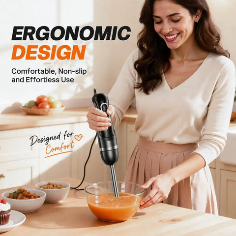 Hella Smooth Corded Immersion Blender With Two Knockout Speeds And A Beefy Copper Motor For Effortless Soup Puree Sauce Blending Paired With Stainless Steel Blades For Zero Fuss Kitchen Prep Magic in use, blending soup in a bowl.