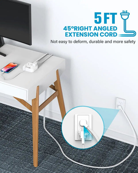 Ultra Flat 5ft Extension Cord Power Strip With 3 Outlets And 4 USB Ports 2 USB C Desk Charging Station No Surge Protection