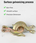Four Pack Heavy Duty Forged Steel G70 Clevis Slip Hooks With Spring Loaded Safety Latch One Quarter Inch Tow Chain Grab Hooks detail of galvanized finish.