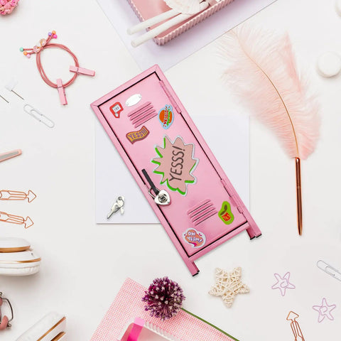 Fresh Pink Metal Mini Locker With Secure Lock And Keys Compact Desktop Organizer For Home Office Decor Steel Storage Unit with stickers.