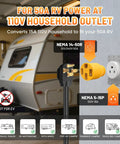 Straight Up Heavy Duty 50 To 110 Volt Rv Adapter Converts Nema 5-15P Household Outlet To 14-50R Camper Socket with power specifications.