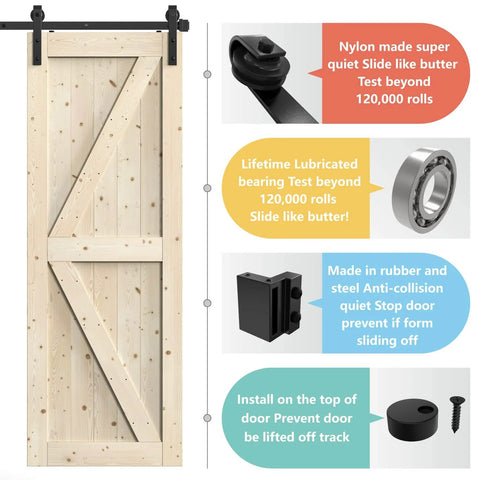 Antique Black Sliding Barn Door Hardware Kit With Double Track Roller System 6.6 Foot Length Fits 4 To 18 Foot Openings Beefy Steel Construction Ultra Smooth Sliding Easy Install shown with door hardware components.