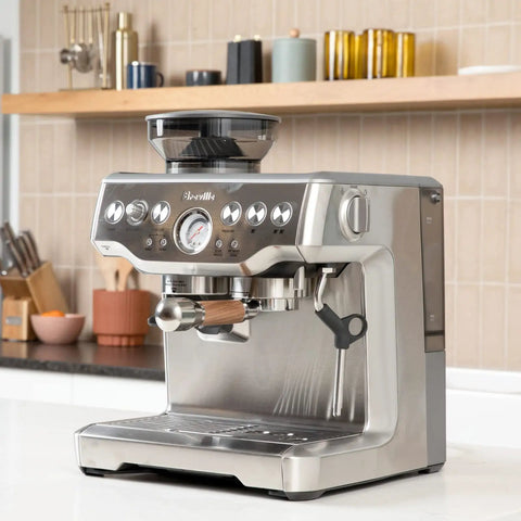 Breville espresso machine with bottomless 54mm portafilter, walnut handle, stainless steel in a modern kitchen setting
