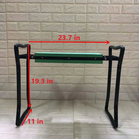 Folding Garden Kneeler Seat With Tool Pouch Bag And Thick EVA Foam Kneeling Pads, dimensions shown, green.