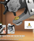 Close-up of Multi Function Hole Punch Plier Set with replaceable punch head and spare base for DIY crafts and home projects.