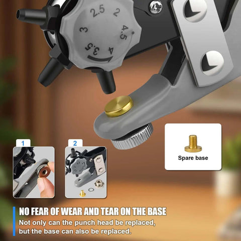 Close-up of Multi Function Hole Punch Plier Set with replaceable punch head and spare base for DIY crafts and home projects.